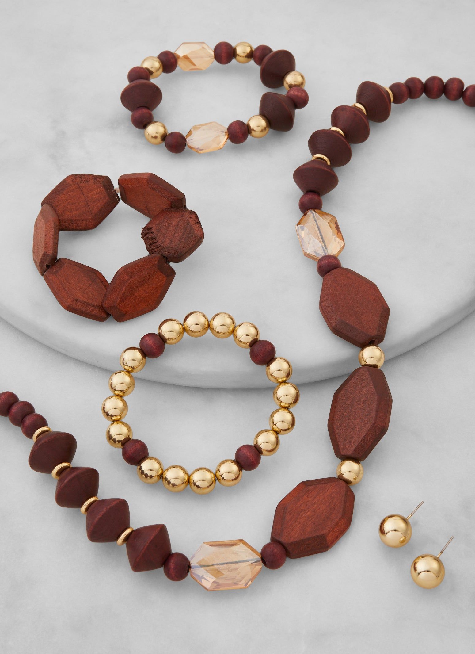 Wooded Beaded Necklace and Stud Earrings with Stretch Bracelets sold by Rainbow