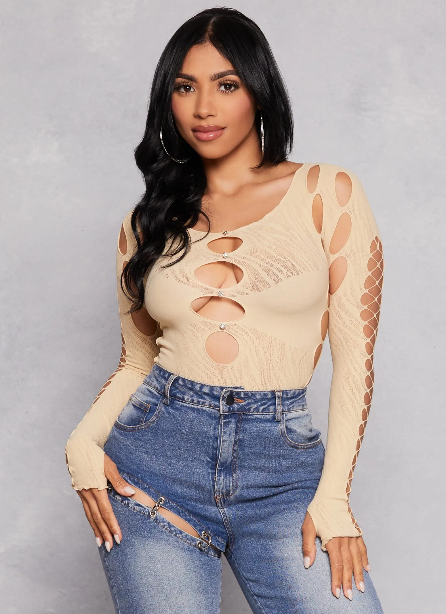 Seamless Fishnet Detail Cut Out Top sold by Rainbow