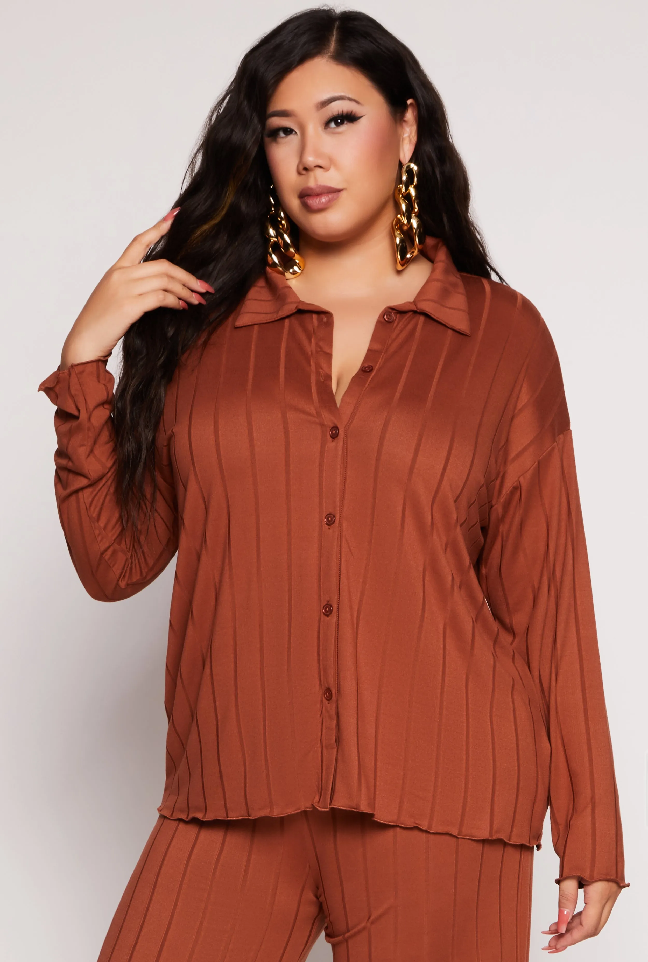 Plus Size Ribbed Button Front Blouse sold by Rainbow