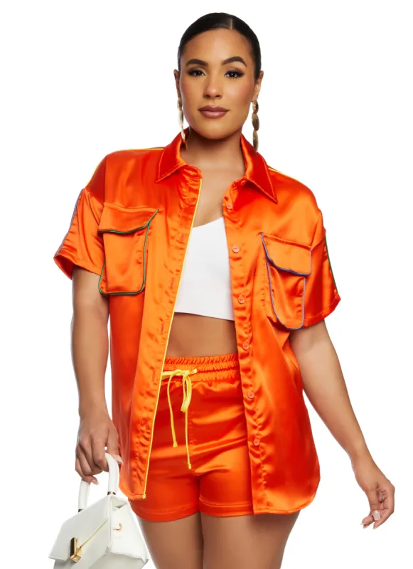 Satin Contrast Piping Cargo Pocket Shirt sold by Rainbow