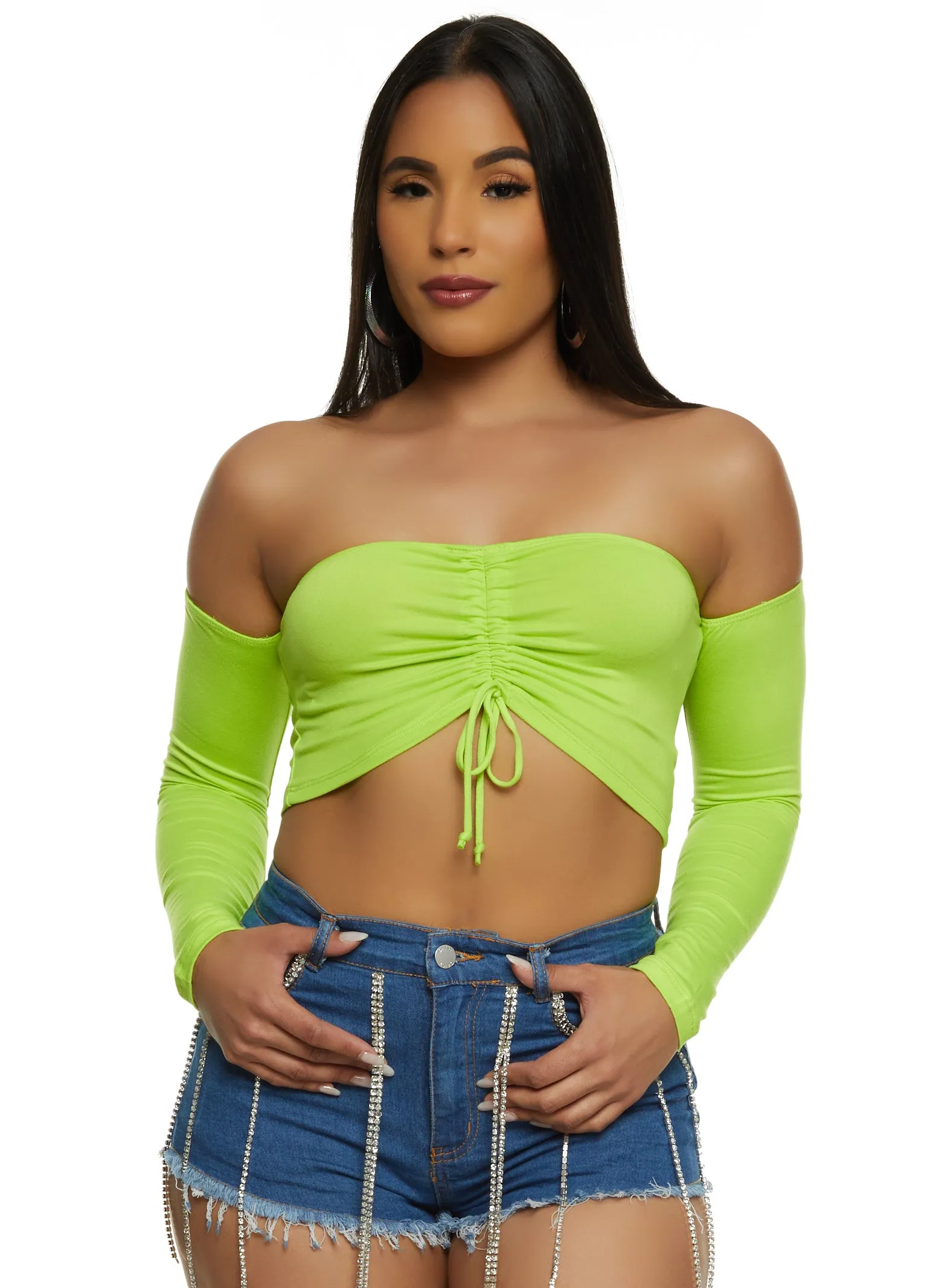 Almost Famous Ruched Off the Shoulder Crop Top sold by Rainbow