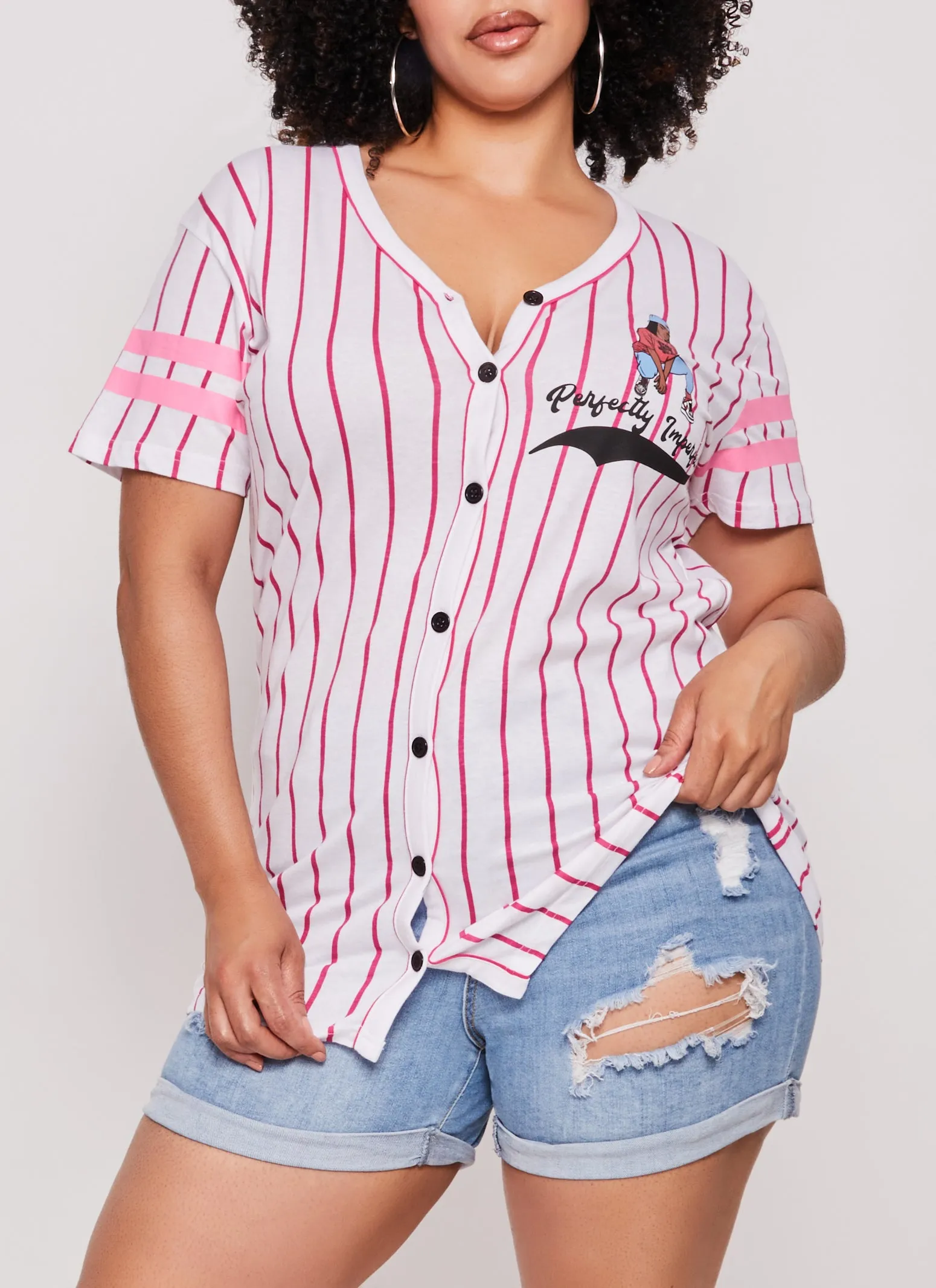 Plus Size Perfectly Imperfect Graphic Baseball Shirt sold by Rainbow