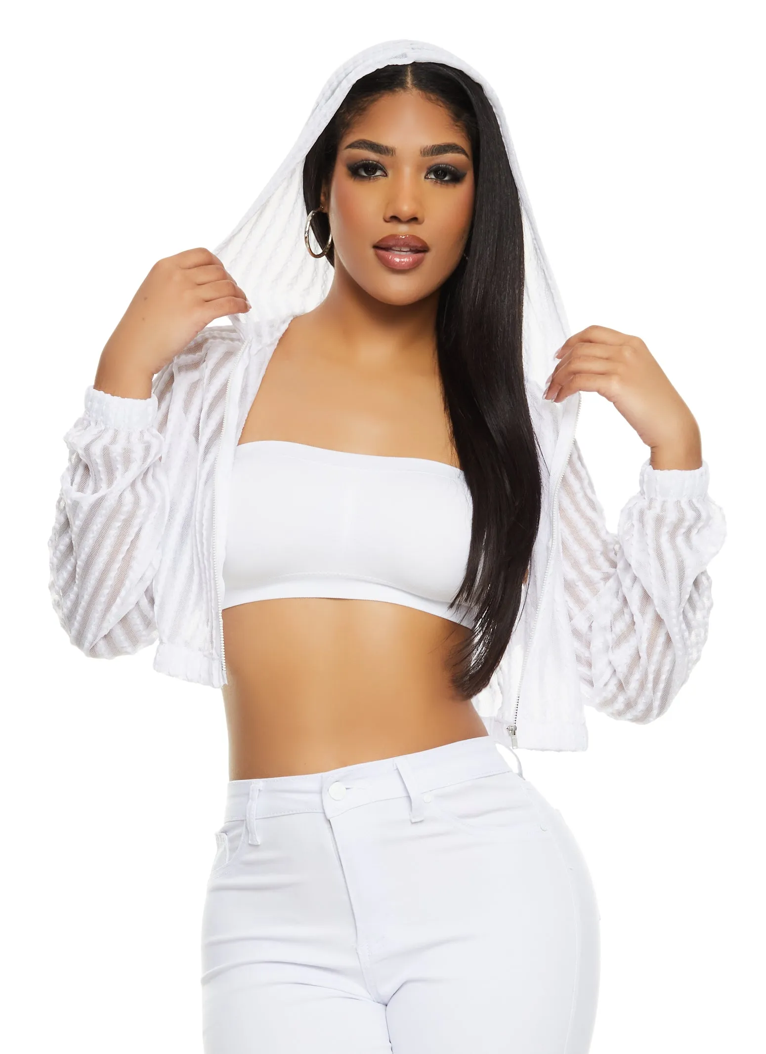 Mesh Shadow Striped Zip Front Cropped Hoodie sold by Rainbow product image thumbnail 2