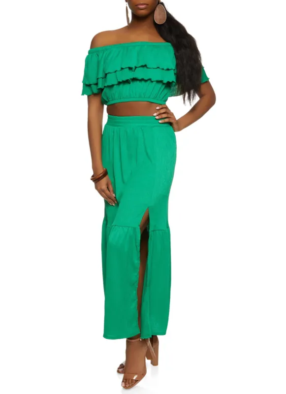 Tiered Ruffled Off the Shoulder Crop Top sold by Rainbow