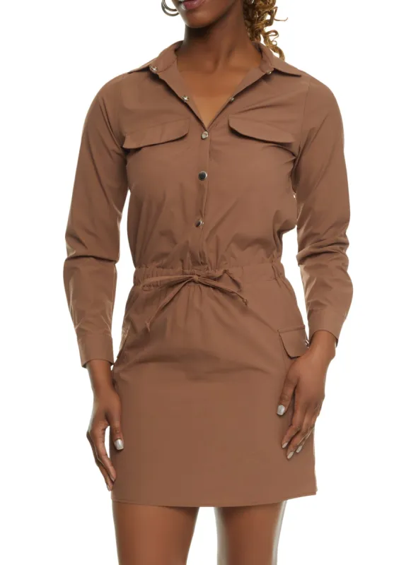 Snap Button Drawstring Waist Utility Dress sold by Rainbow