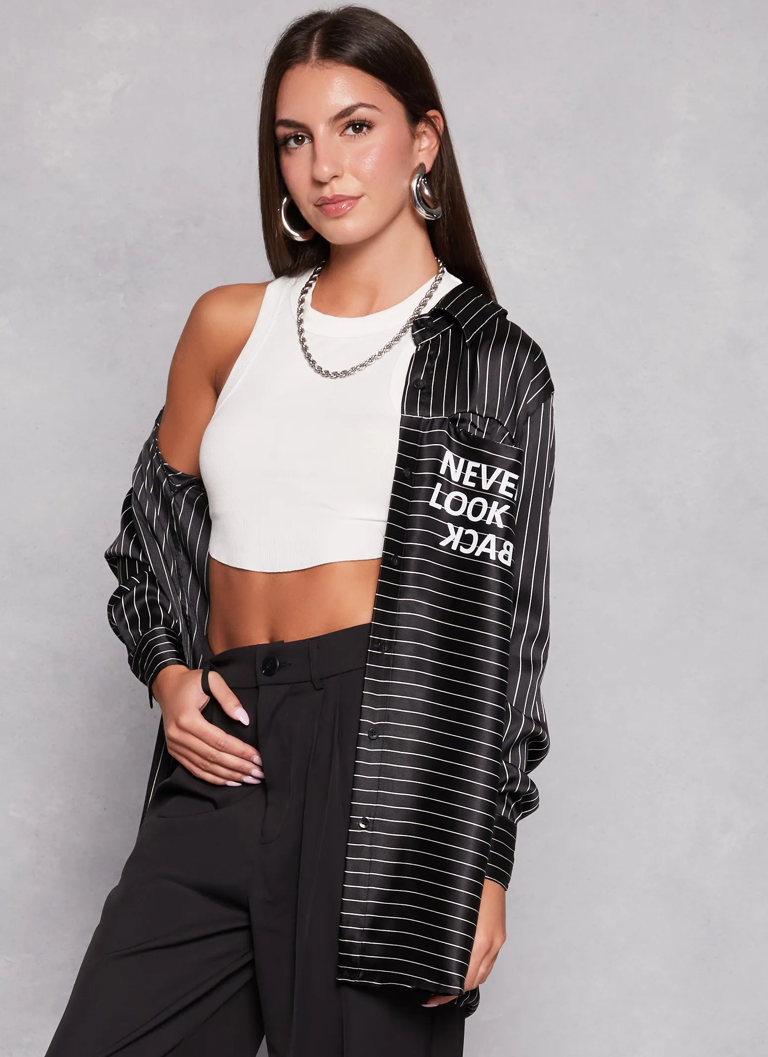 Never Look Back Satin Pinstripe Shirt sold by Rainbow