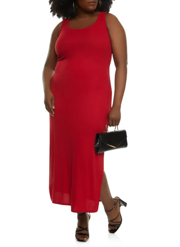 Plus Size Ribbed Knit Side Slit Maxi Tank Dress sold by Rainbow