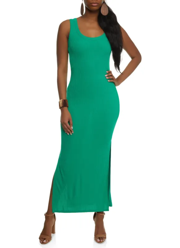 Ribbed Knit Side Slit Maxi Tank Dress sold by Rainbow