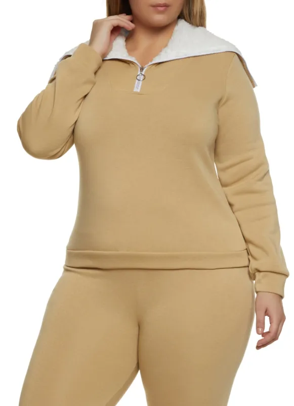 Plus Size Sherpa Lined Collar Half Zip Sweatshirt sold by Rainbow