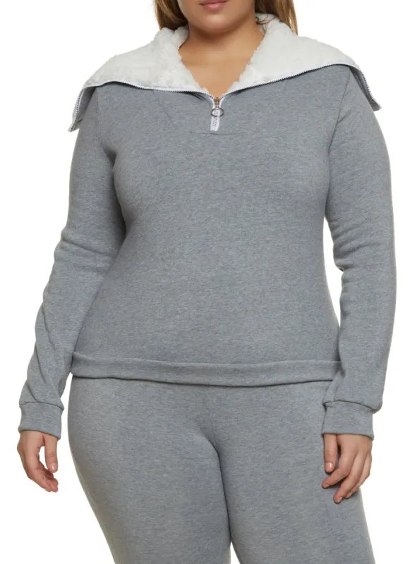 Plus Size Sherpa Lined Collar Half Zip Sweatshirt sold by Rainbow