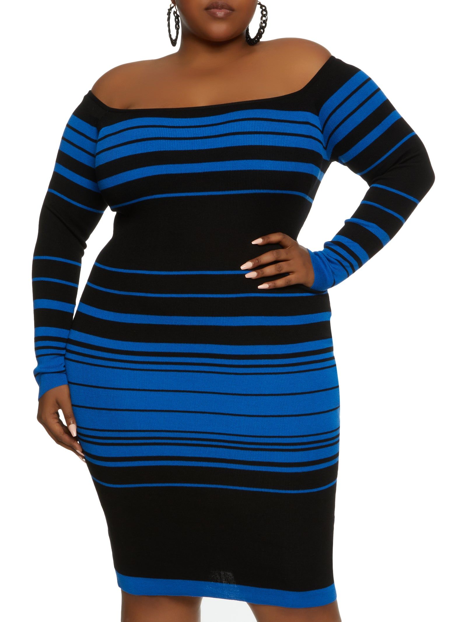 Plus Size Striped Off the Shoulder Midi Dress sold by Rainbow