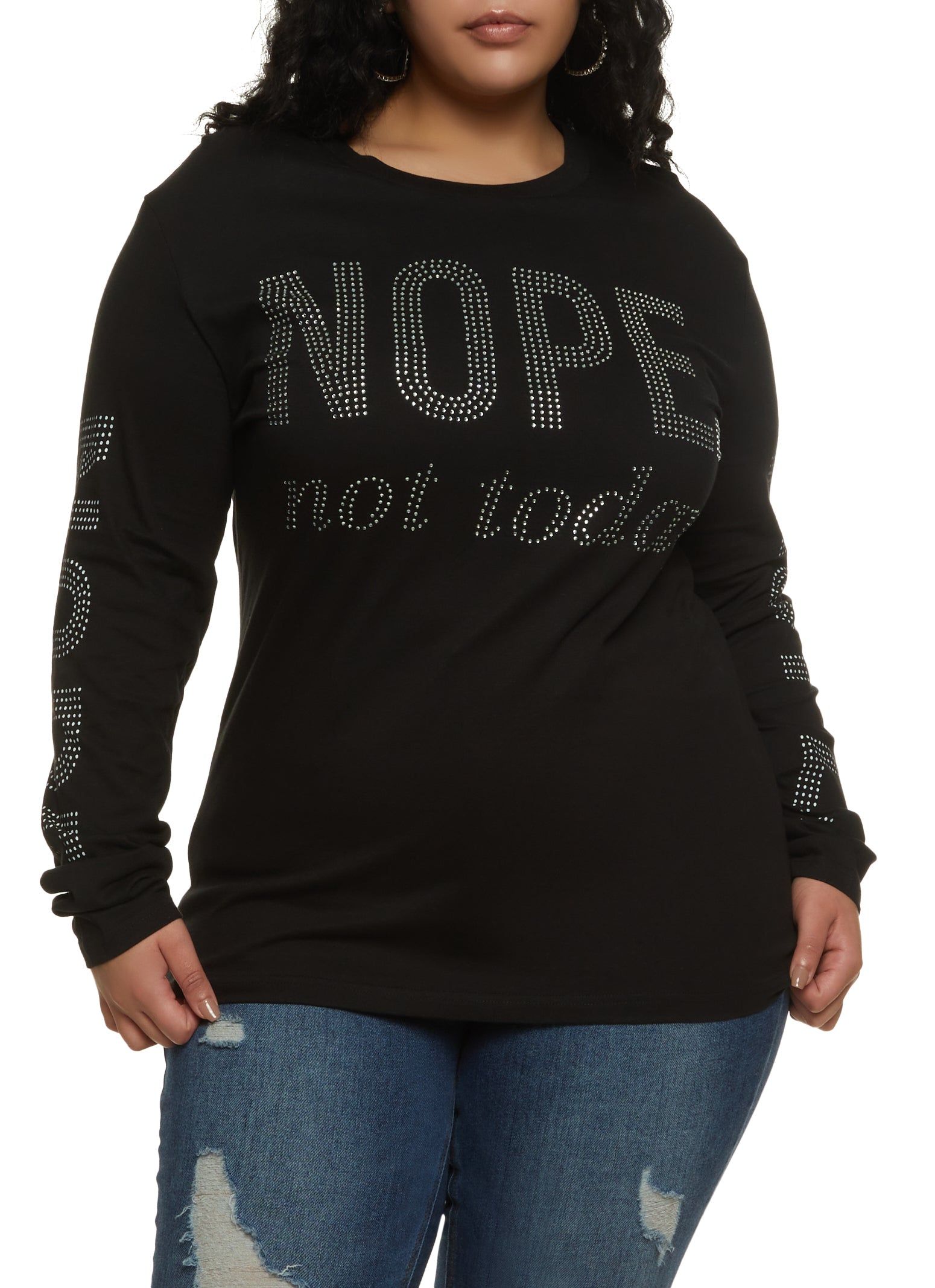 Plus Size Rhinestone Nope Not Today Long Sleeve Tee sold by Rainbow