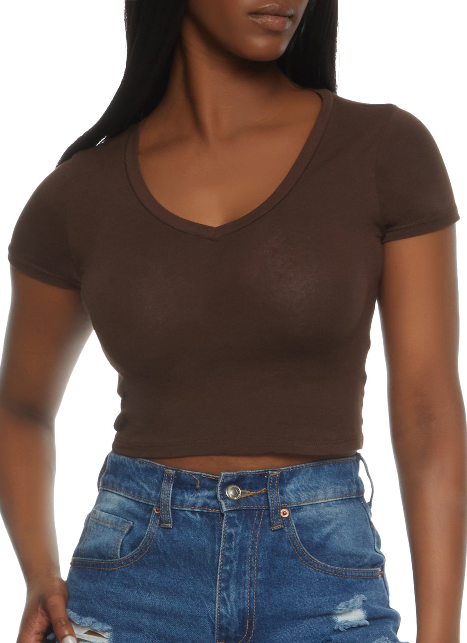Solid Cropped V Neck Tee sold by Rainbow