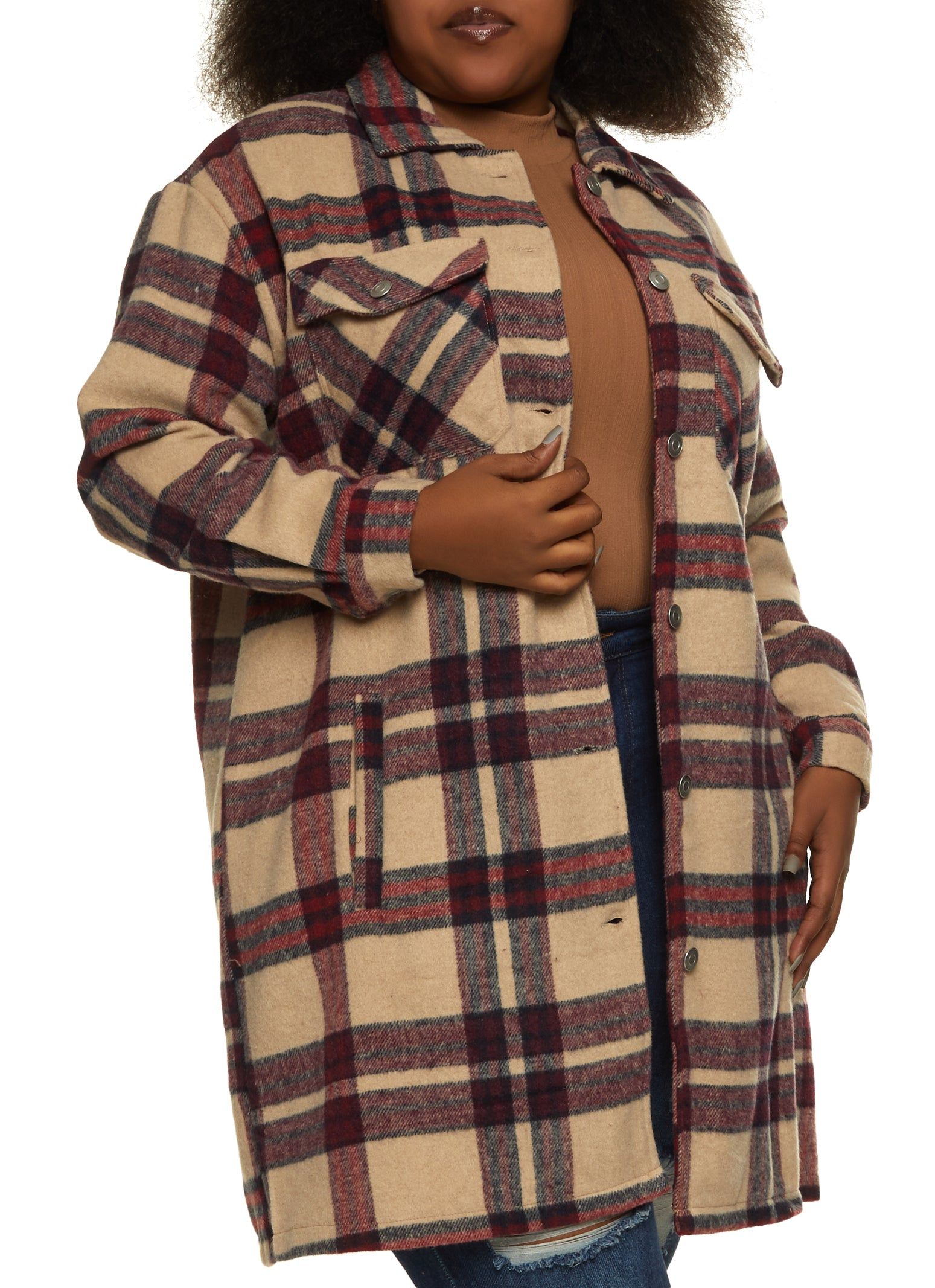 Plus Size Plaid Pocket Detail Button Front Shacket sold by Rainbow