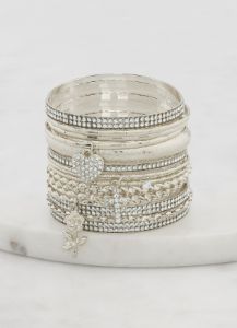 Cross Heart Rose Charm Bangles Set of 14 sold by Rainbow