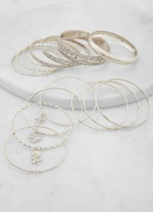 Cross Heart Rose Charm Bangles Set of 14 sold by Rainbow