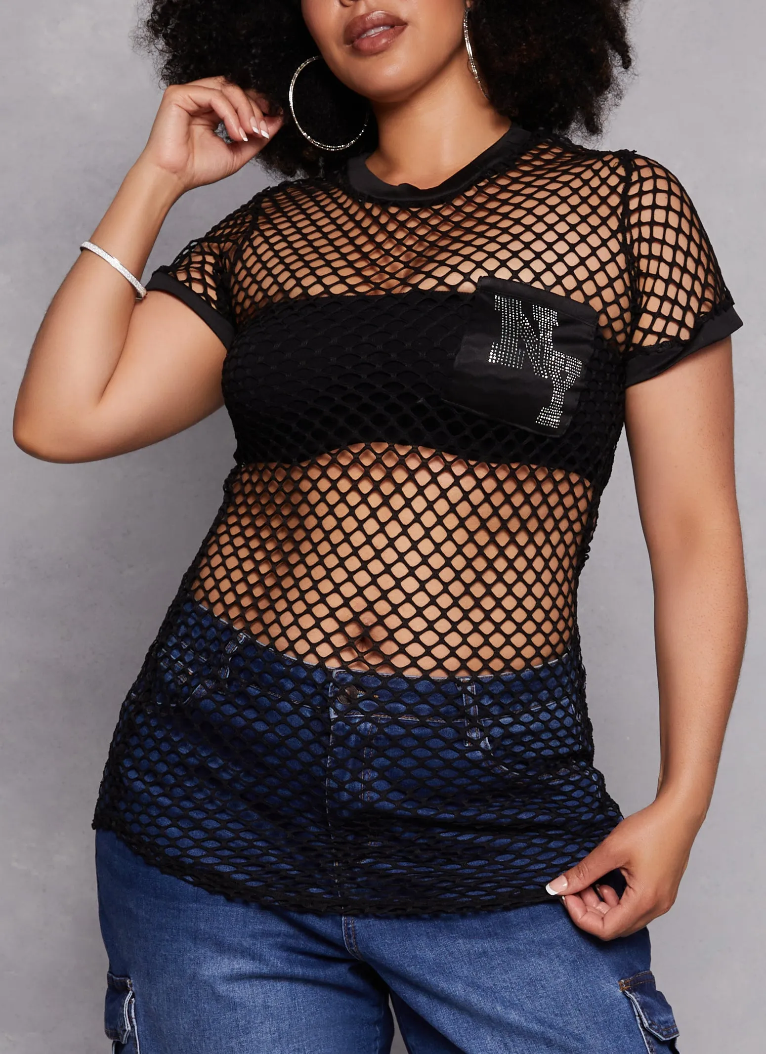 Plus Size Fishnet NY Rhinestone Graphic Tee sold by Rainbow