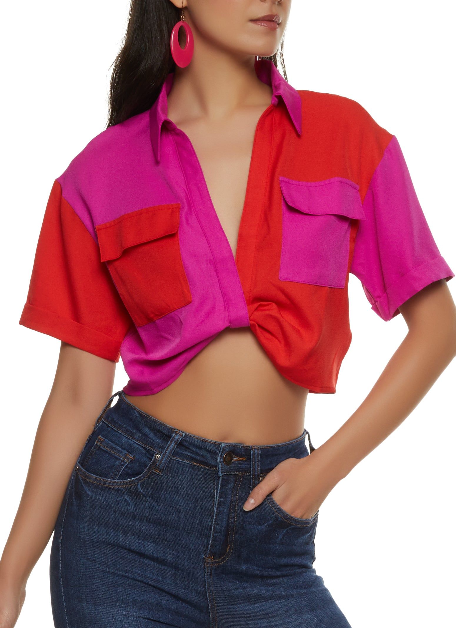 Color Block Twist Front Pocket Crop Top sold by Rainbow