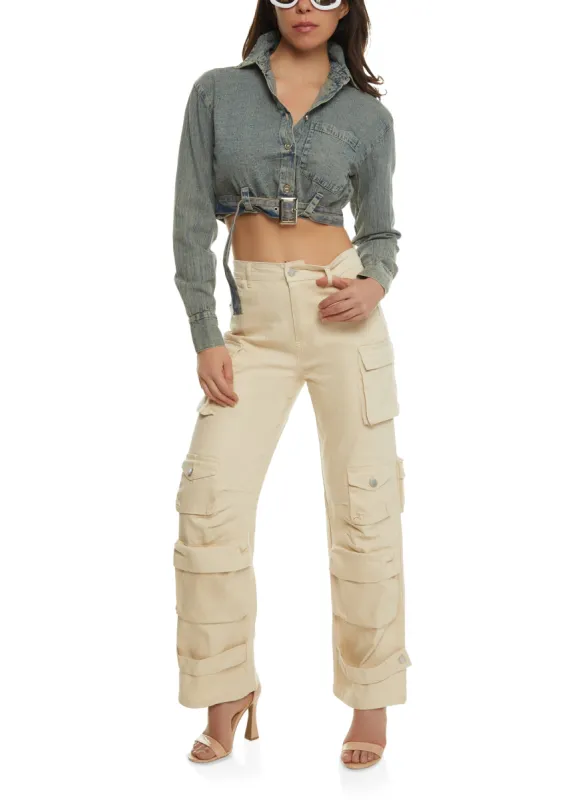 Twill Wide Leg Strap Cargo Pants sold by Rainbow