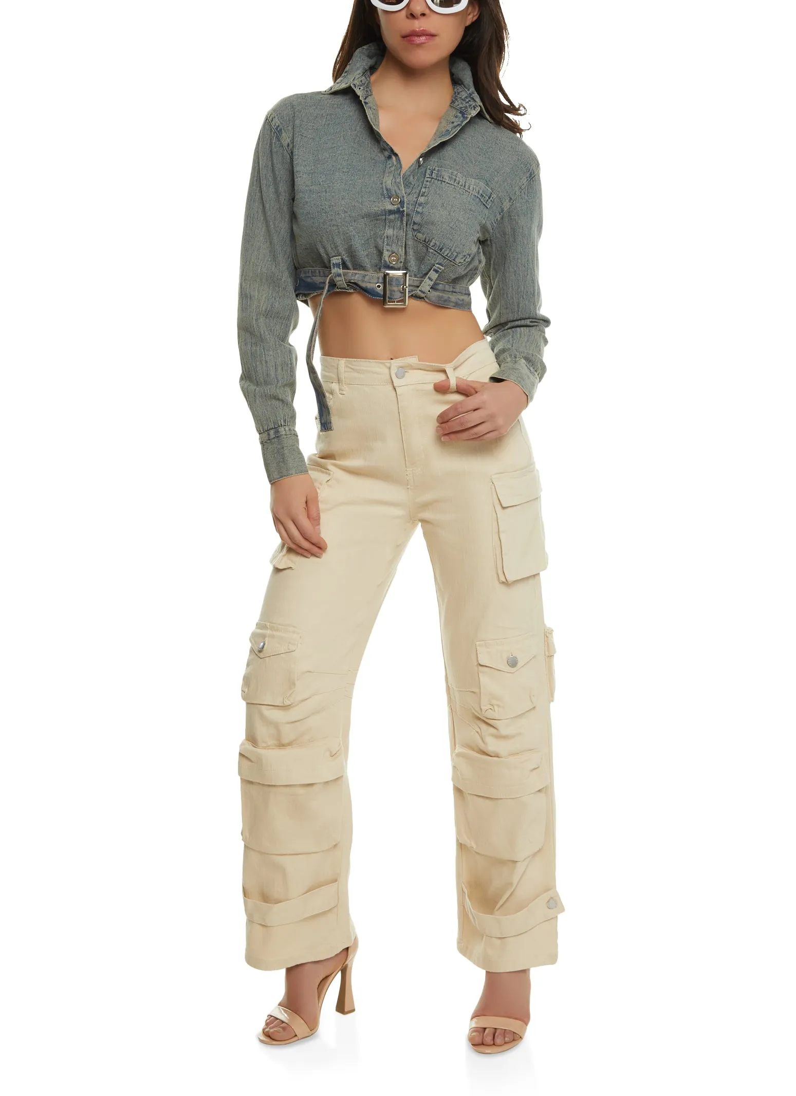 Twill Wide Leg Strap Cargo Pants sold by Rainbow