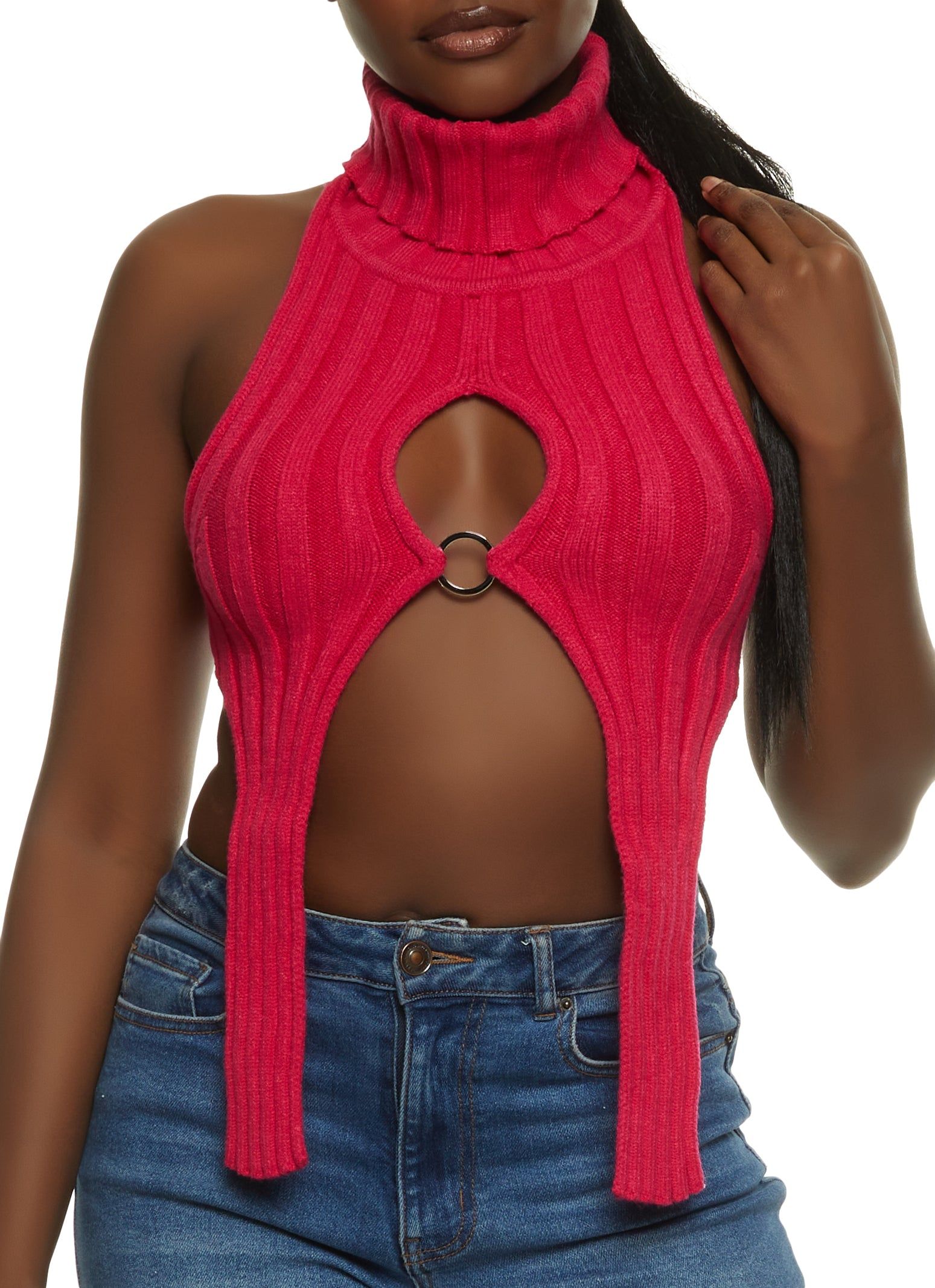 Rib Knit Turtleneck Keyhole Halter Top sold by Rainbow