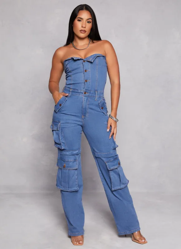 Daisy Solid Strapless Cargo Denim Jumpsuit sold by Rainbow