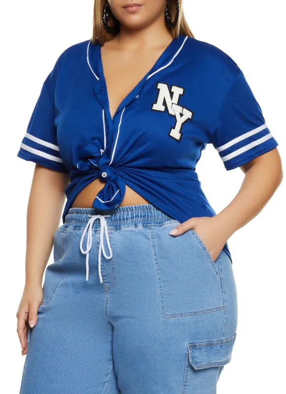 Plus Size NY Chenille Patch Baseball Shirt sold by Rainbow