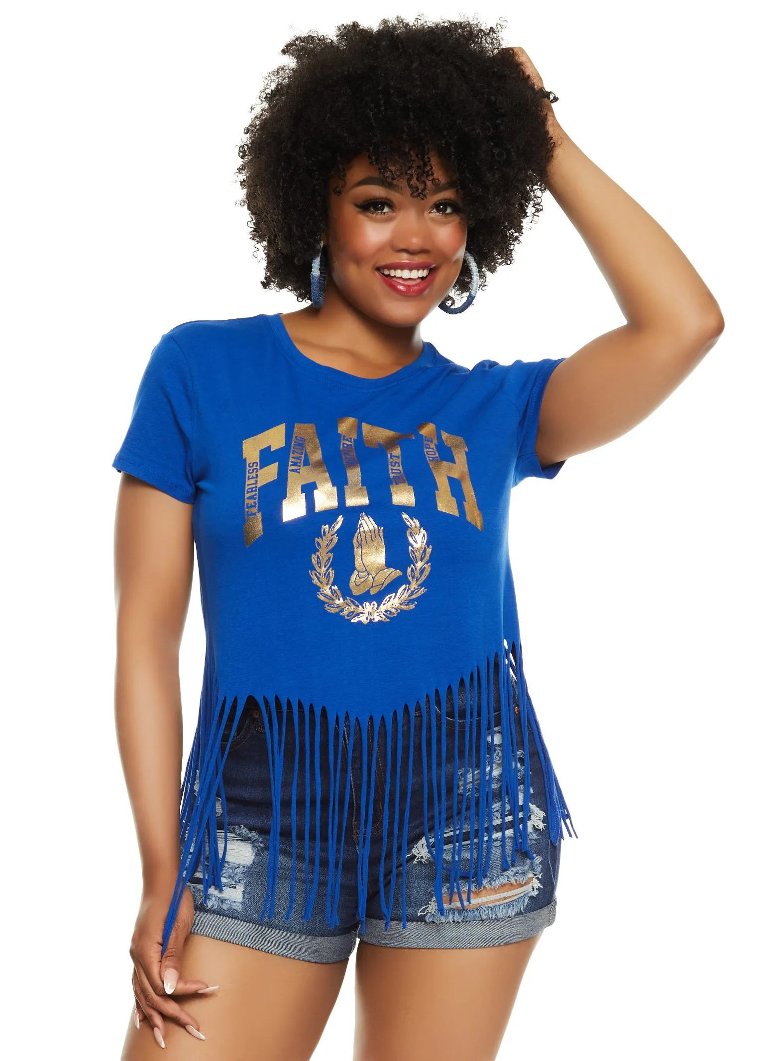 Plus Size Fringe Hem Faith Foil Graphic T Shirt sold by Rainbow