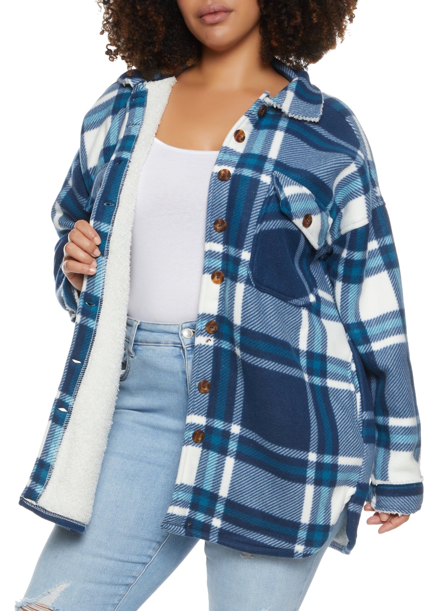 Plus Size Plaid Brushed Knit Sherpa Lined Longline Shacket sold by Rainbow