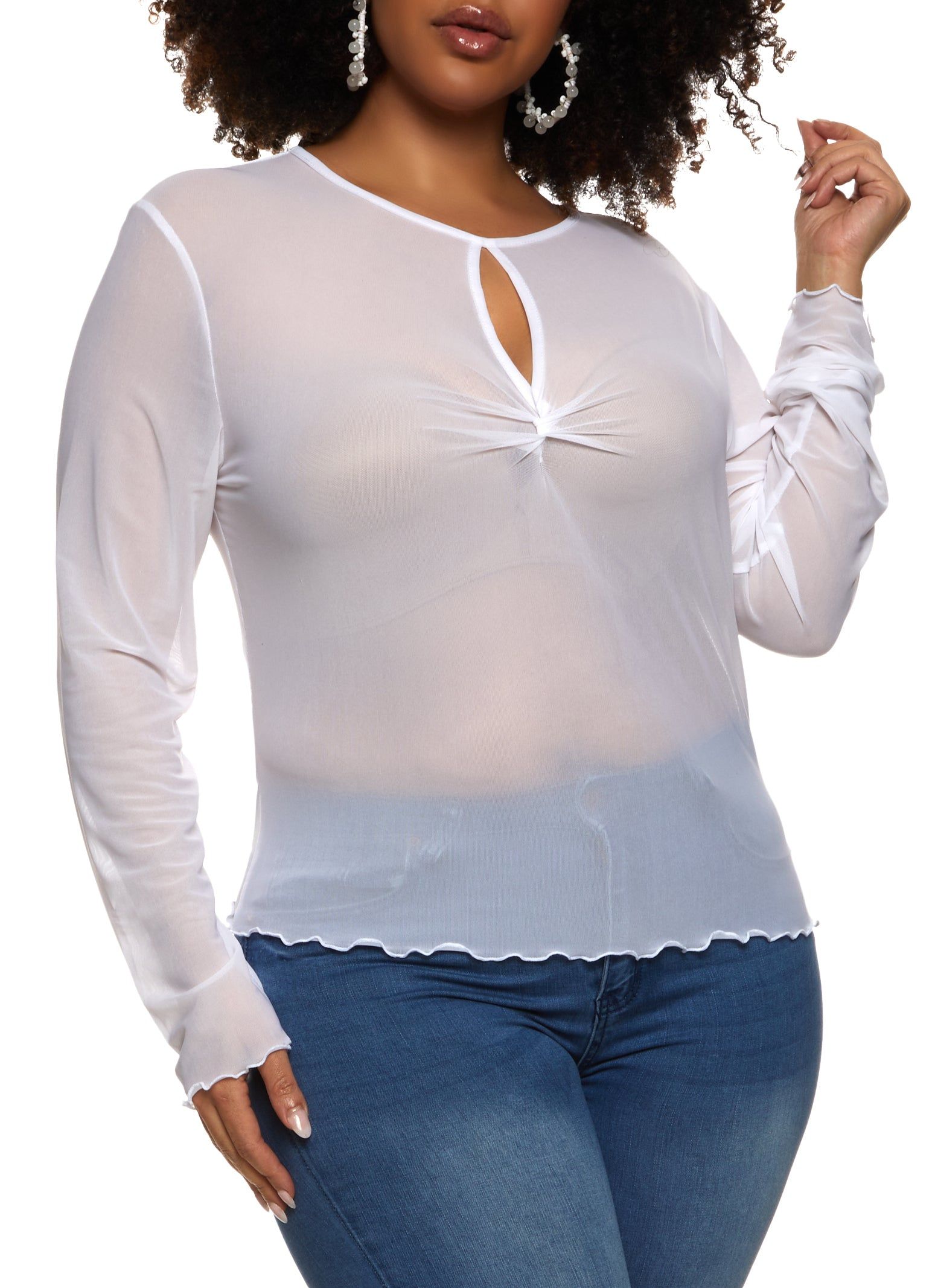Plus Size Mesh Lettuce Edge Keyhole Top sold by Rainbow