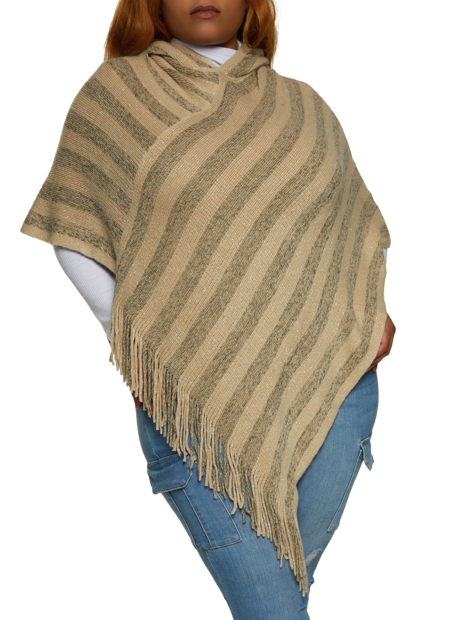 Striped Lurex Fringe Hem Asymmetrical Poncho sold by Rainbow