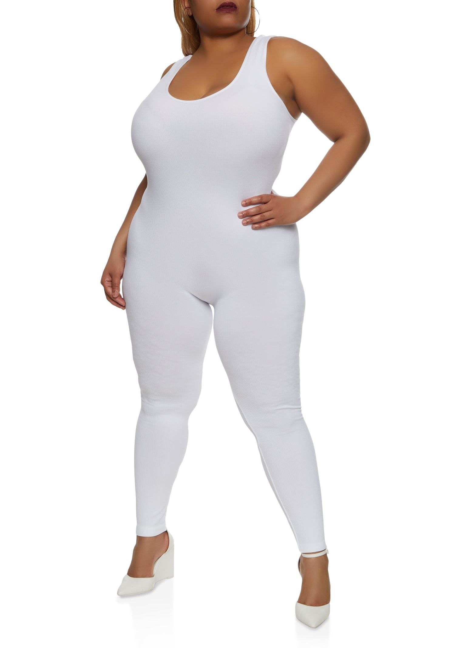 Plus Size Rib Knit Scoop Neck Catsuit sold by Rainbow