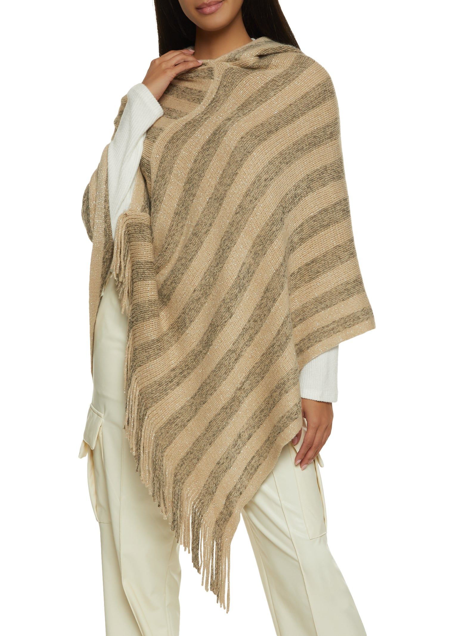 Striped Lurex Fringe Hem Asymmetrical Poncho sold by Rainbow product image thumbnail 3