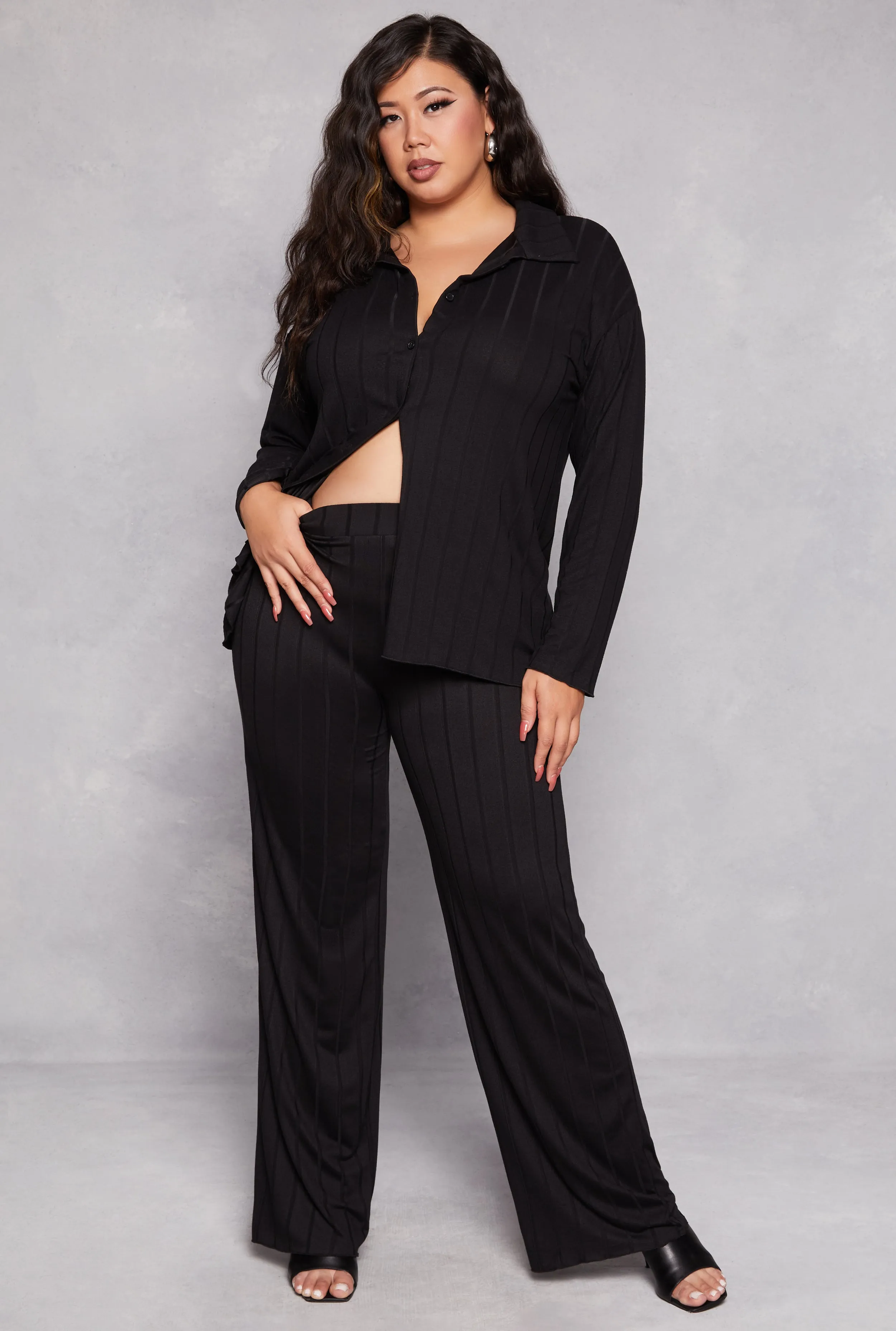 Plus Size Ribbed High Waisted Palazzo Pants sold by Rainbow