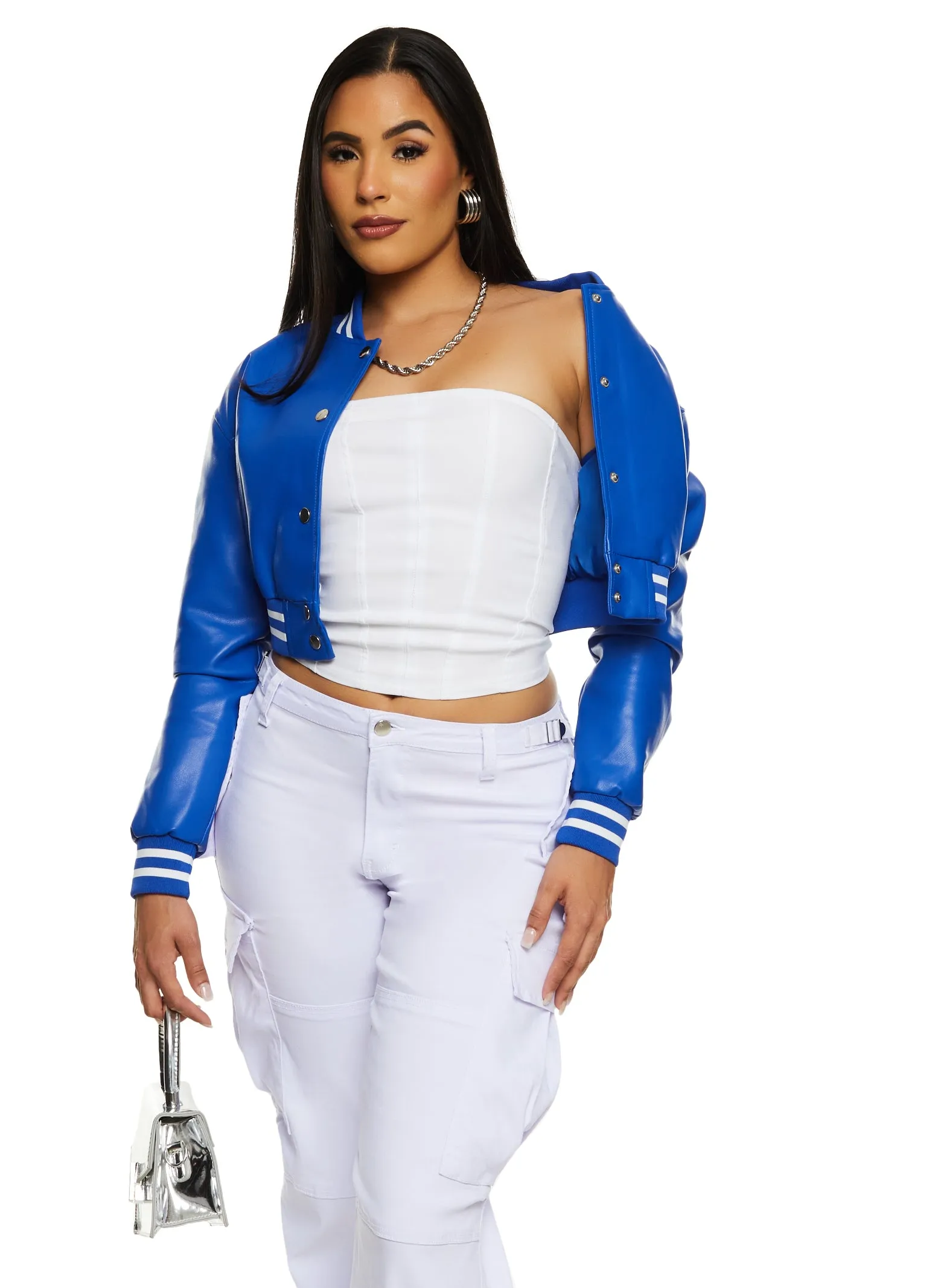 Daisy Faux Leather Cropped Bomber Jacket sold by Rainbow