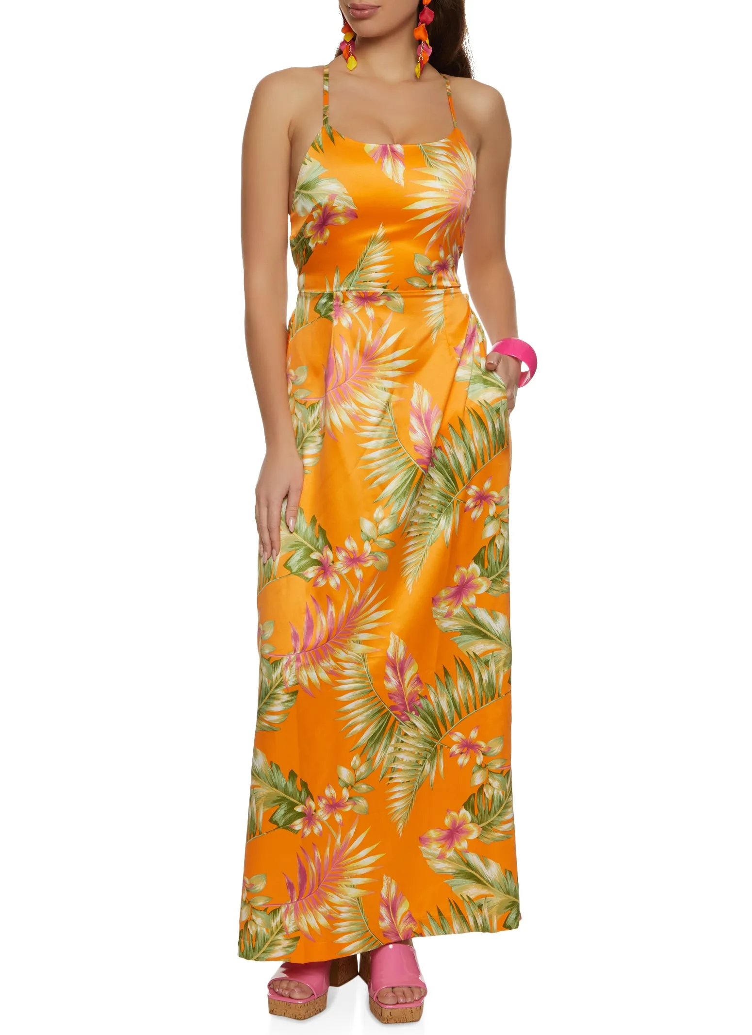 Haute Monde Open Criss Cross Back Tropical Print Maxi Dress sold by Rainbow