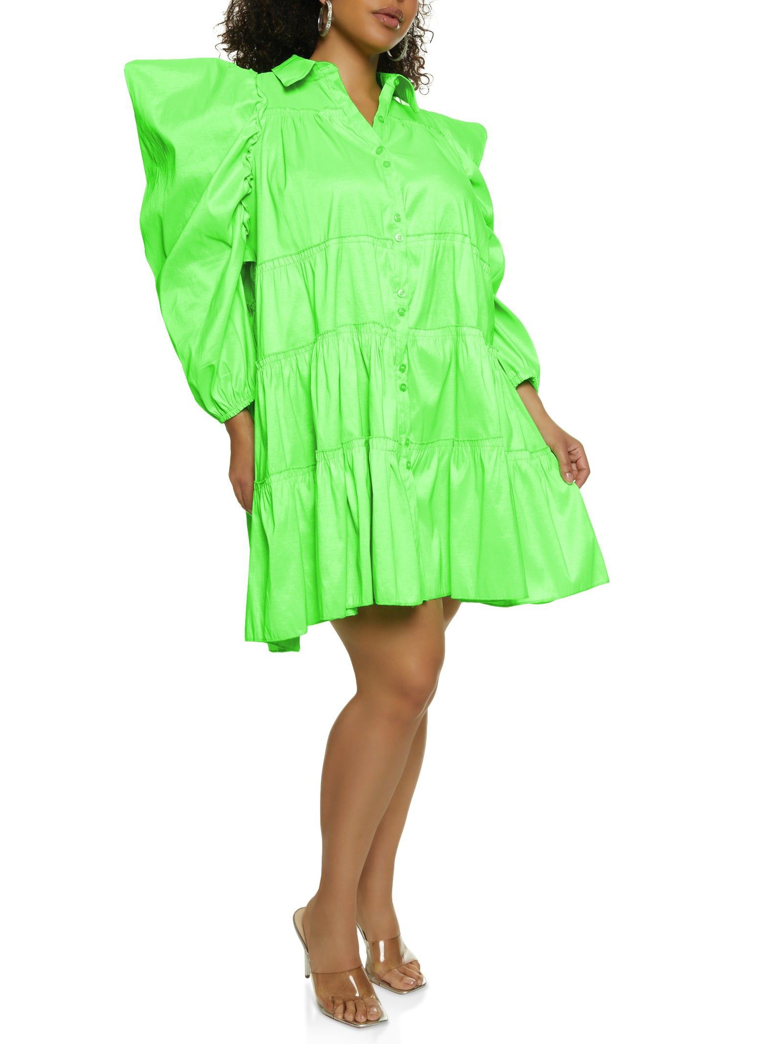 Plus Size Puff Sleeve Tiered Mini Shirt Dress sold by Rainbow product image thumbnail 2
