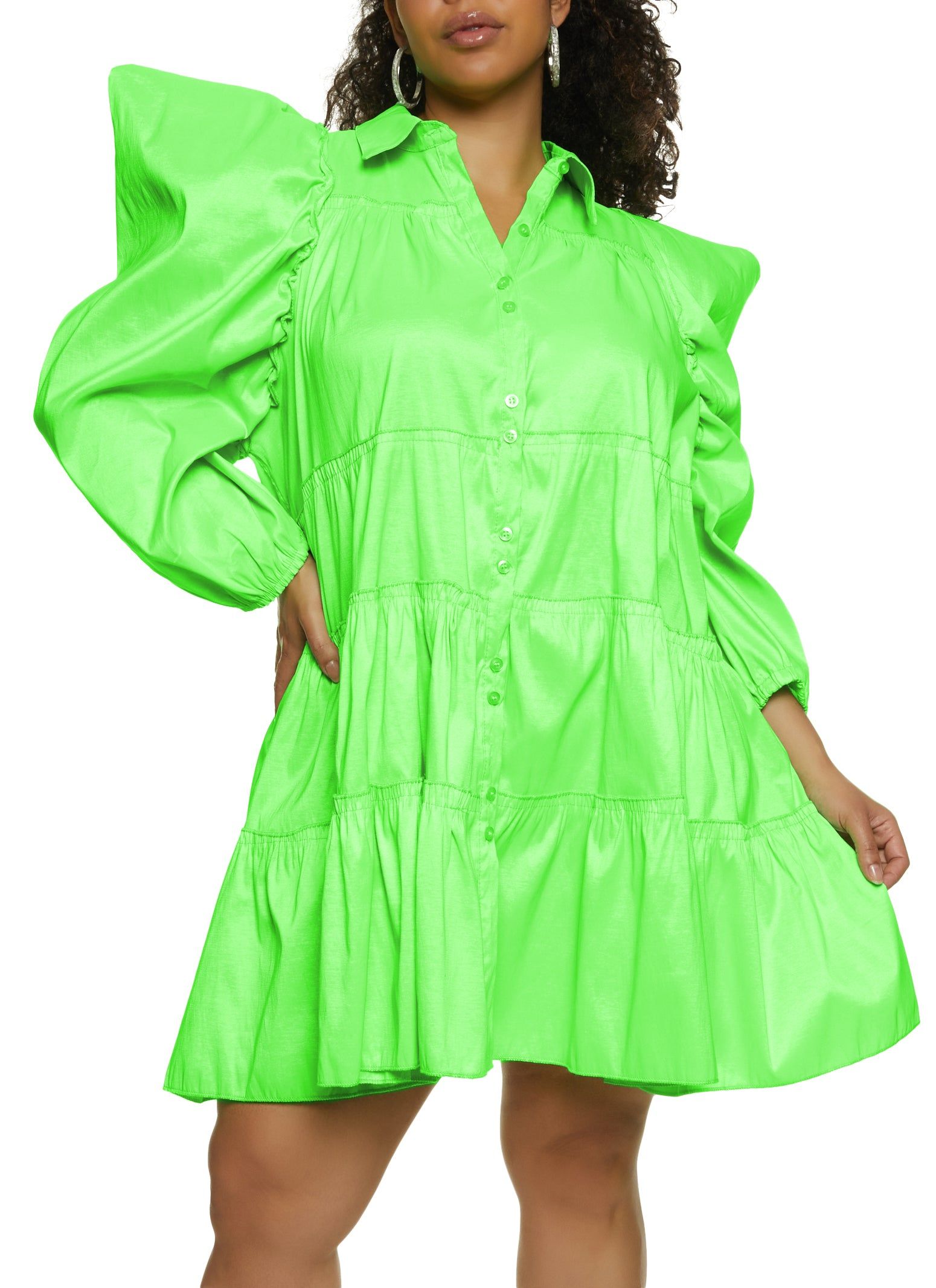 Plus Size Puff Sleeve Tiered Mini Shirt Dress sold by Rainbow