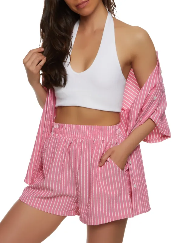 Textured Knit Striped Oversized Button Front Shirt sold by Rainbow