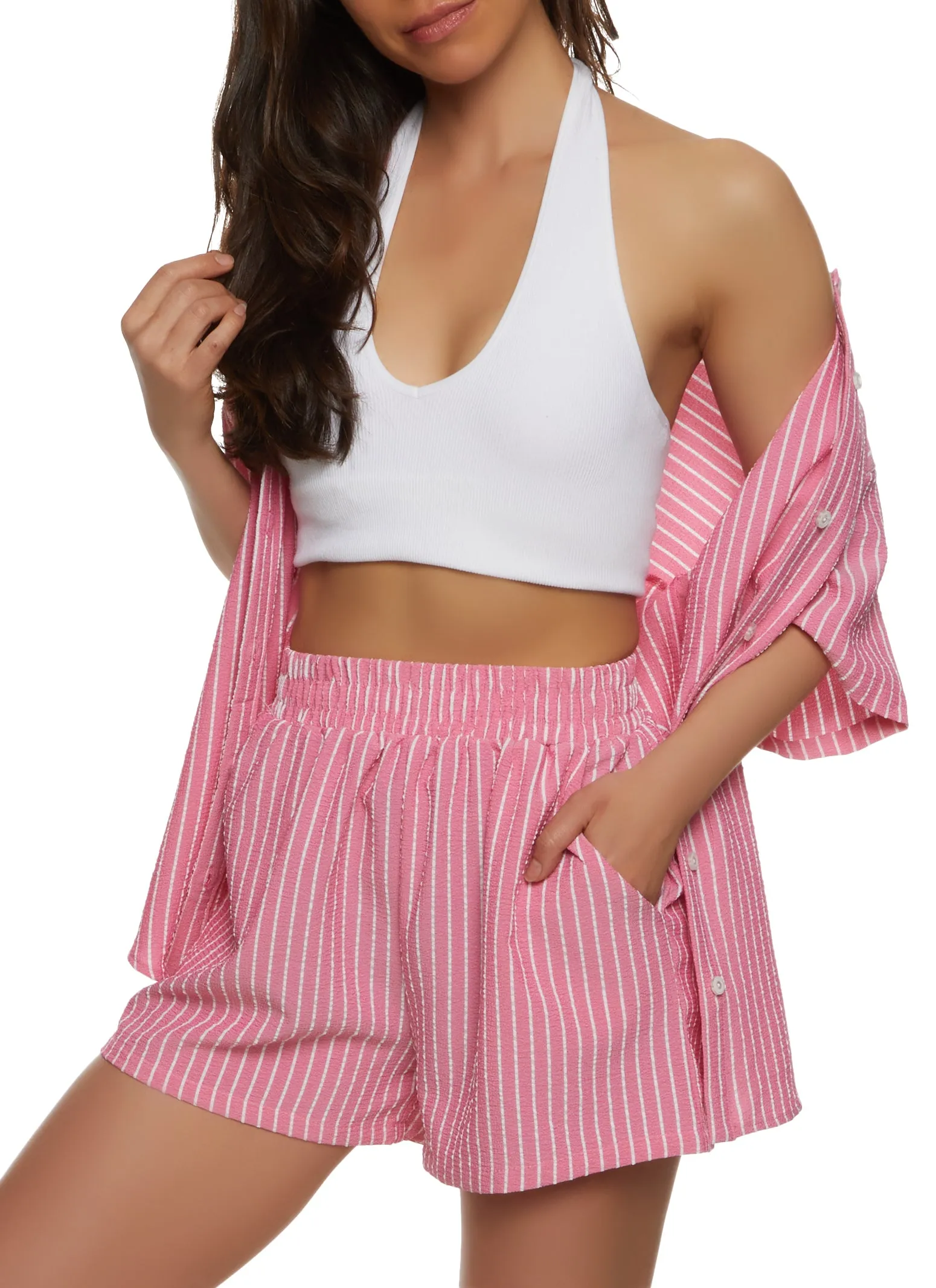 Textured Knit Striped Oversized Button Front Shirt sold by Rainbow