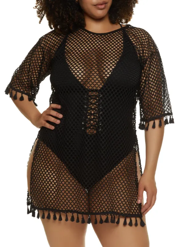 Tassel Trim Fishnet Mini Dress Cover Up sold by Rainbow
