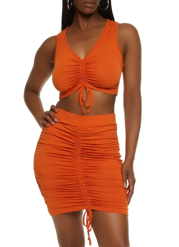 Ruched V Neck Cropped Tank Top and Skirt Set sold by Rainbow