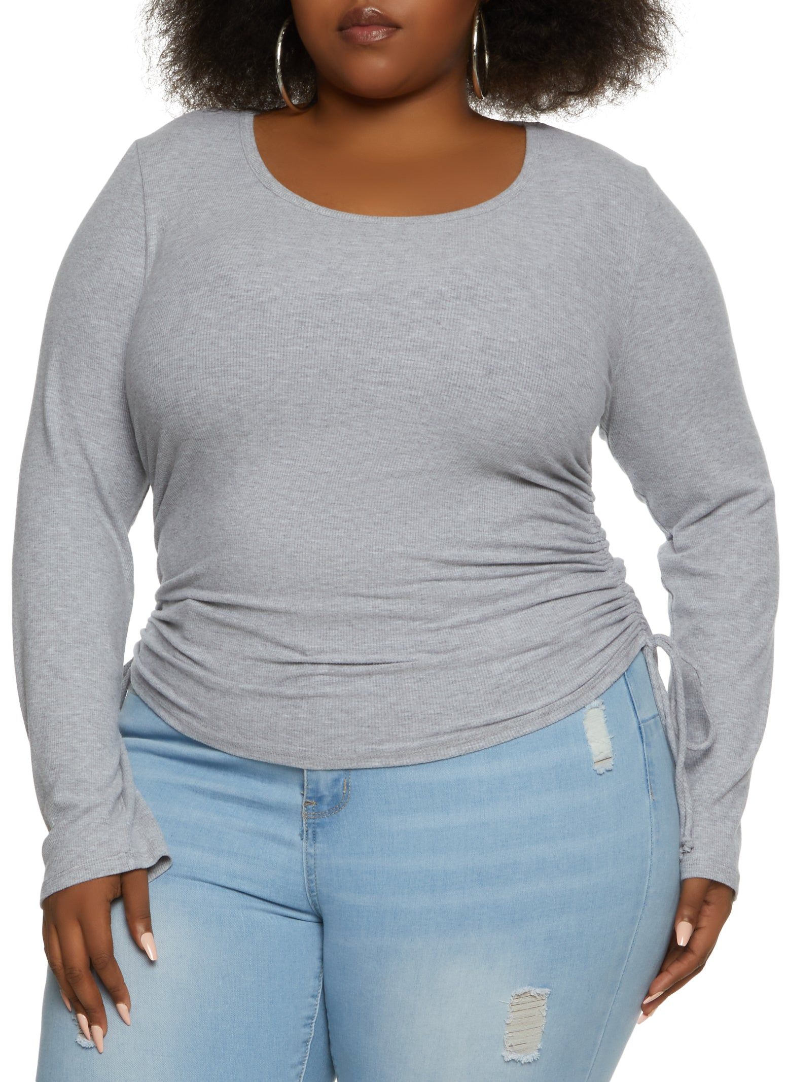 Plus Size Ribbed Knit Ruched Scoop Neck Long Sleeve Top sold by Rainbow