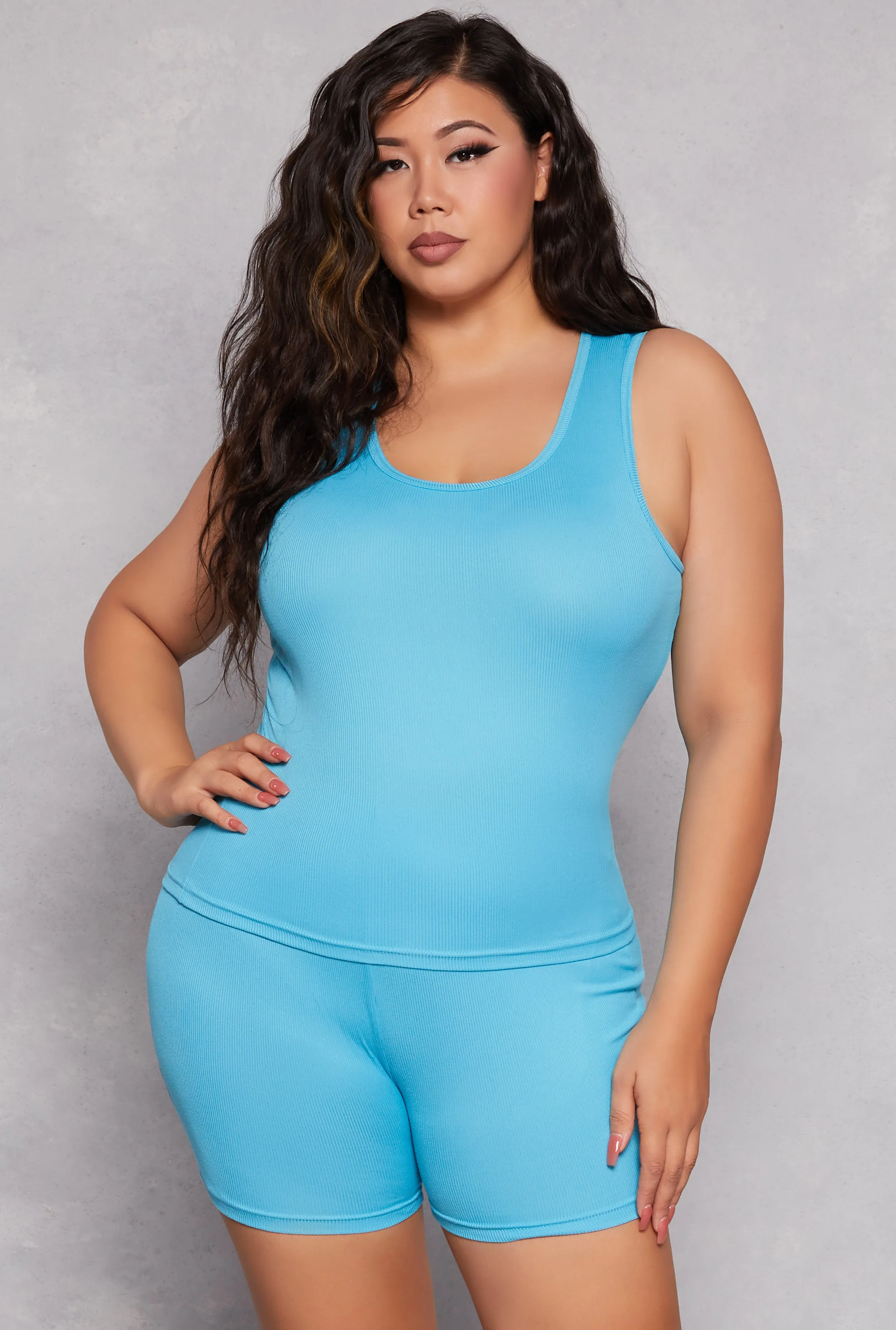 Plus Size Ribbed Knit Pajama Tank Top and Shorts with Robe sold by Rainbow product image thumbnail 3