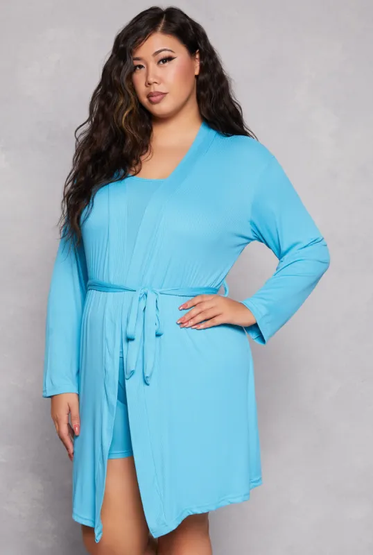 Plus Size Ribbed Knit Pajama Tank Top and Shorts with Robe sold by Rainbow