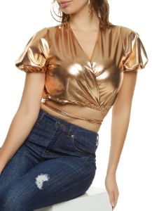 Puff Sleeve Cropped Wrap Top sold by Rainbow