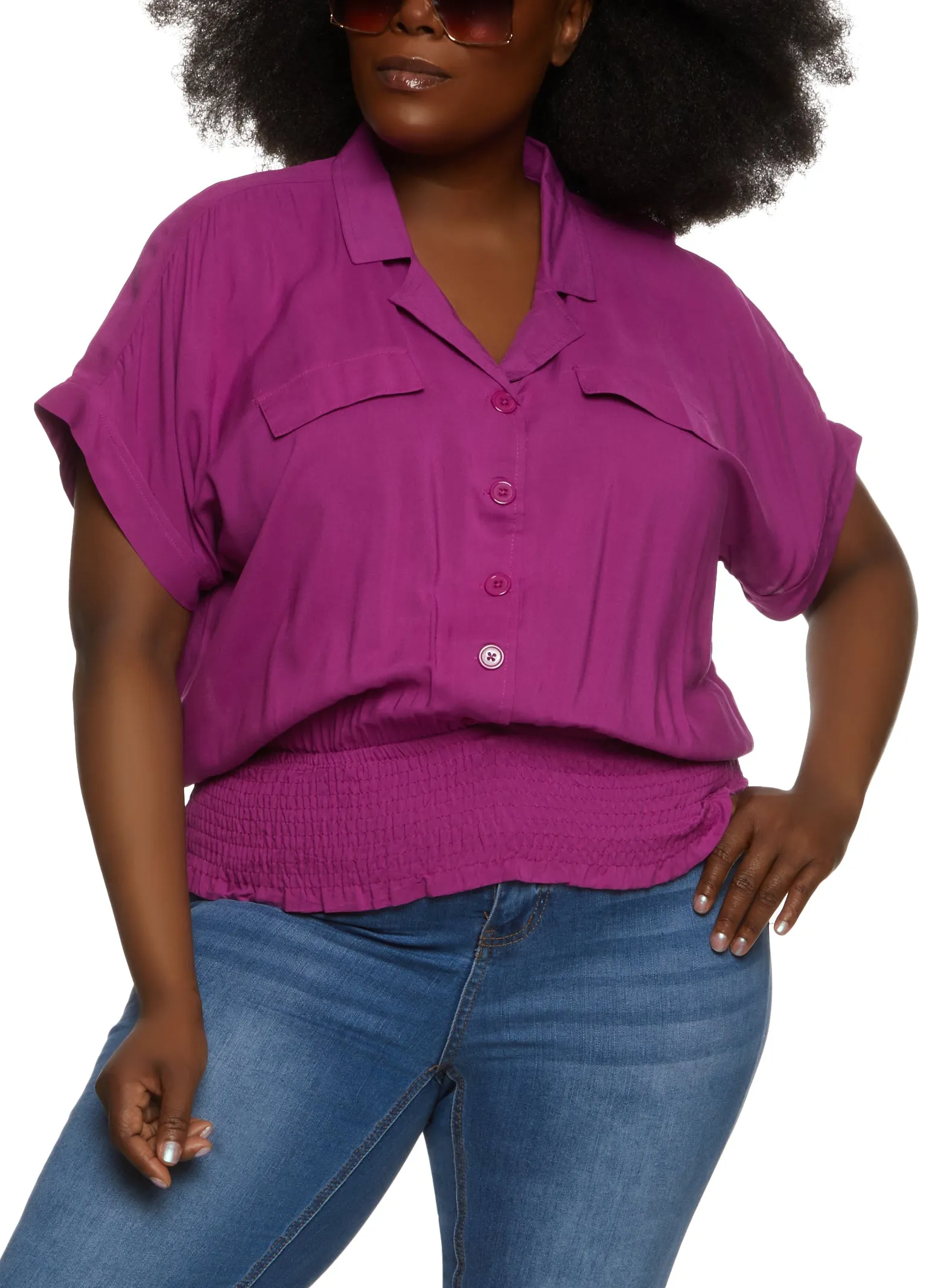 Plus Size Smocked Waist Button Front Blouse sold by Rainbow