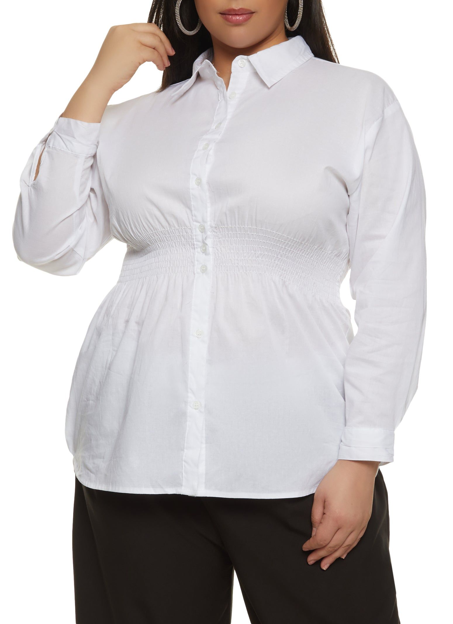 Plus Size Smocked Waist Button Down Shirt sold by Rainbow