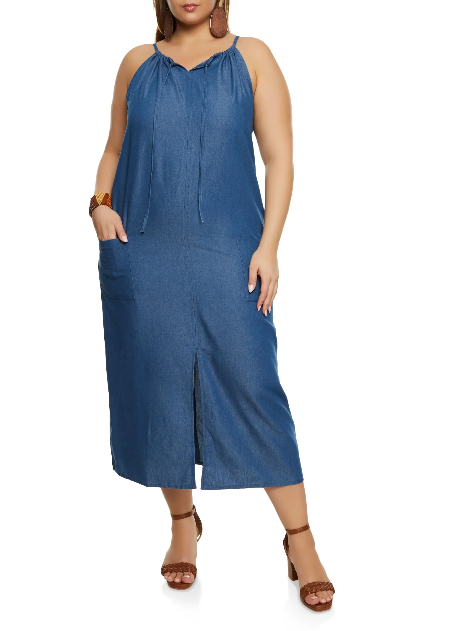 Plus Size Chambray Slit Front Pocket Cami Midi Dress sold by Rainbow