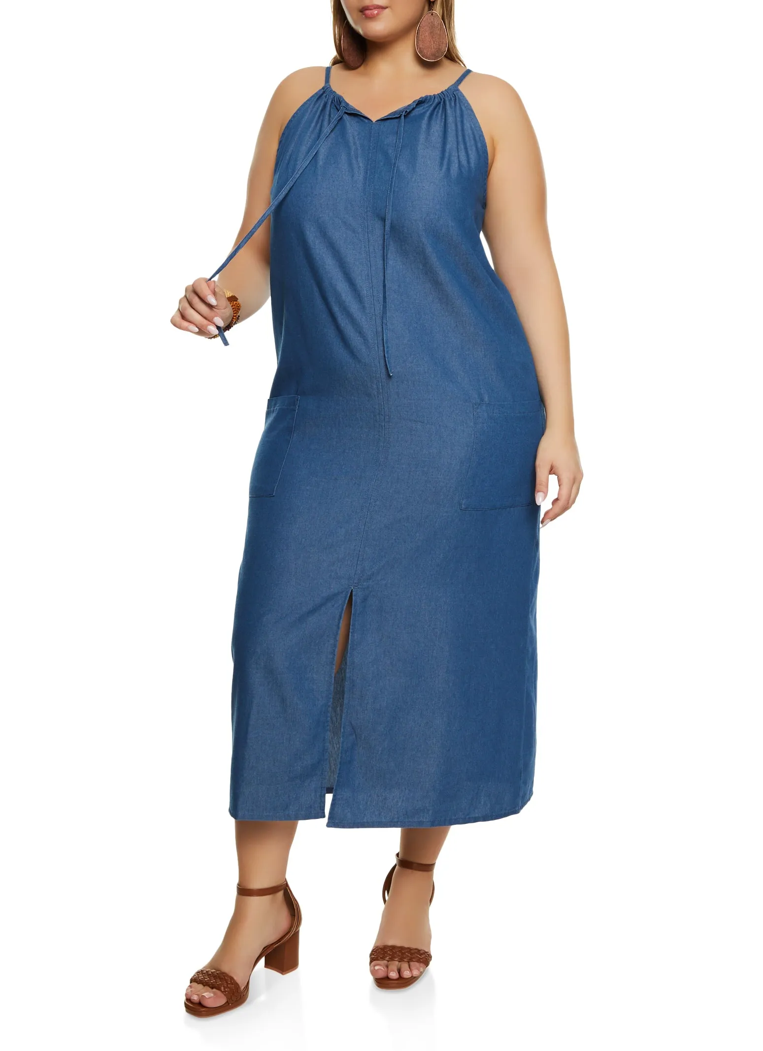 Plus Size Chambray Slit Front Pocket Cami Midi Dress sold by Rainbow product image thumbnail 2